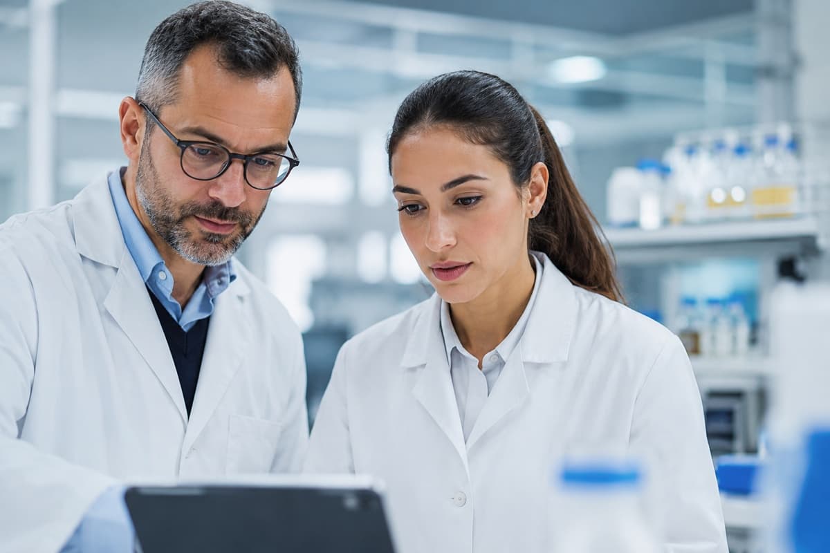 Profesionales de laboratorio revisando documentación y resultados